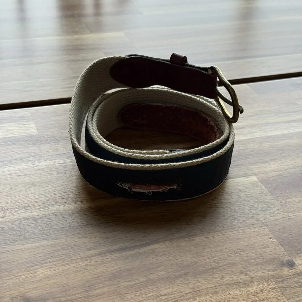 Leather Man Ltd Mens Belt 40 Fish Print Canvas Leather Brass USA Distressed READ
